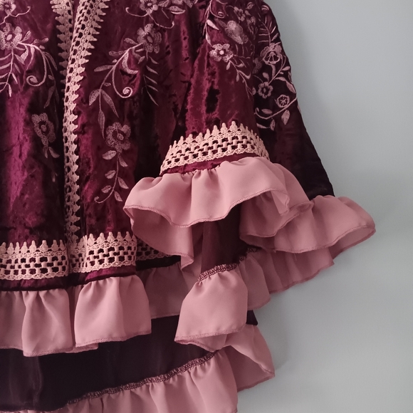 Unbranded Burgundy Velvet Floral Embroidered Ruffle Trim Poncho Romantic Style L - Picture 5 of 6